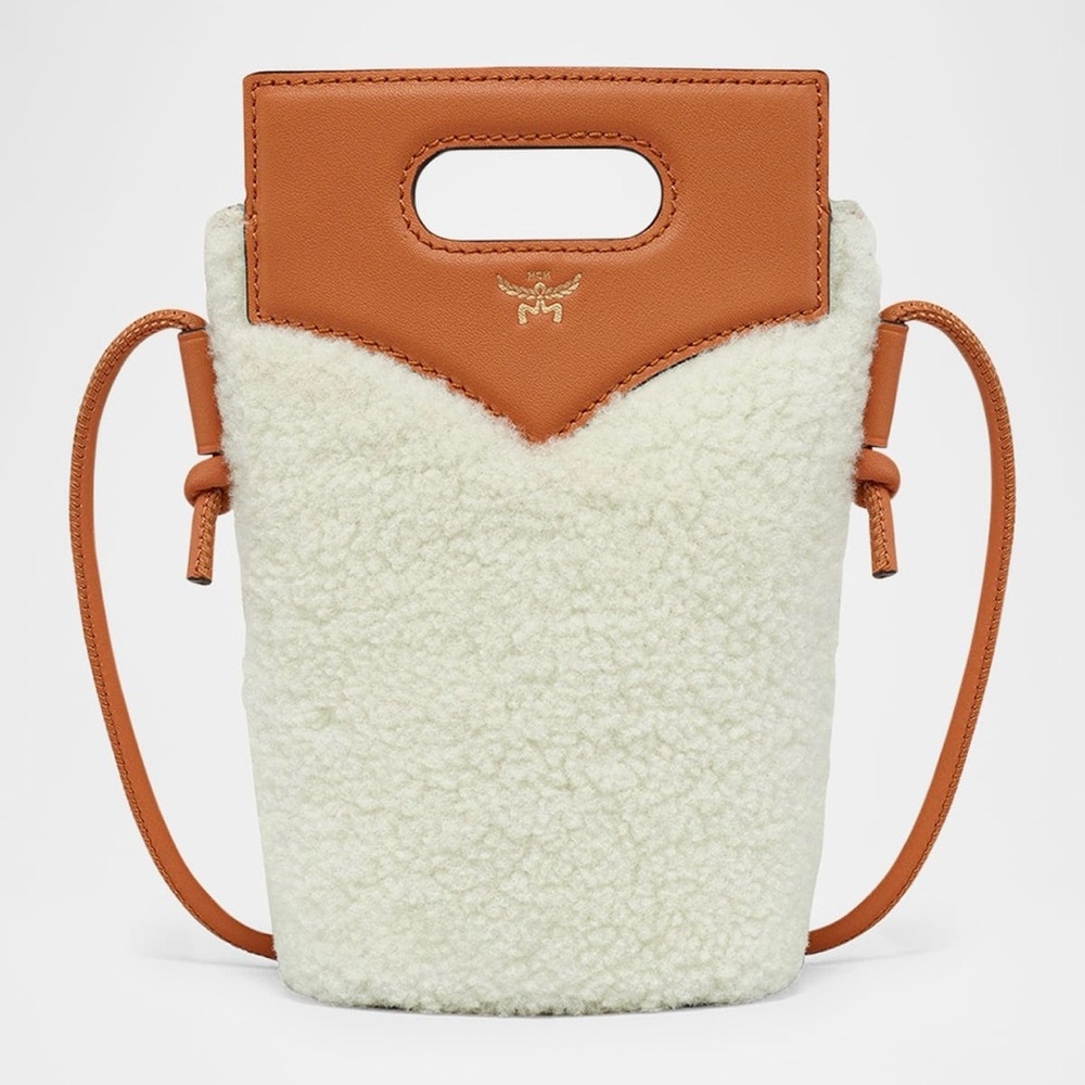 MCM Cream Shearling & Tan Leather Crossbody Bucket Bag